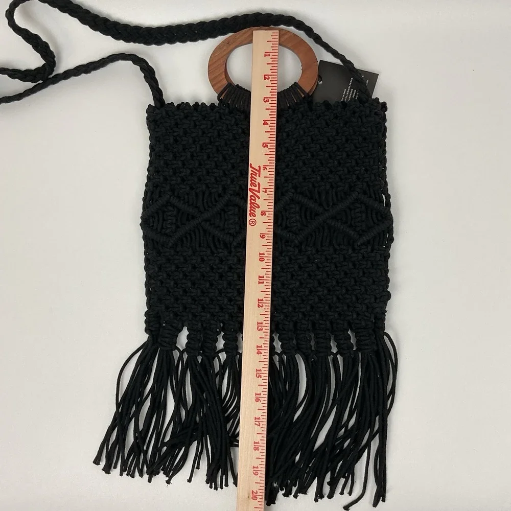 Danielle Nicole Black‎ Macrame Fringe Crossbody Shoulder Bag Boho Cottagecore
